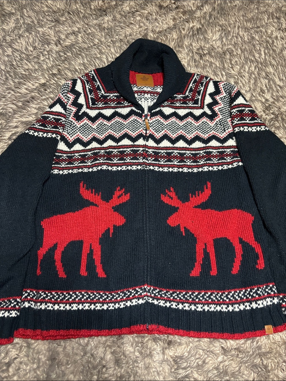 Men's Zip-Up Shawl Collar Sweater with Red Moose Motif - Black & Red